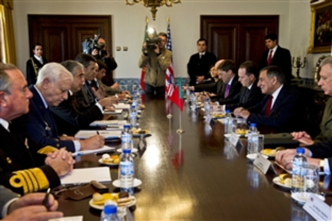 U.S. Defense Secretary Leon E. Panetta meets with Portuguese Defense Minister Jose Pedro Aguiar-Branco in Lisbon, Portugal, Jan. 15, 2013. Panetta is on a six-day trip to Europe to visit with defense counterparts and U.S. troops.