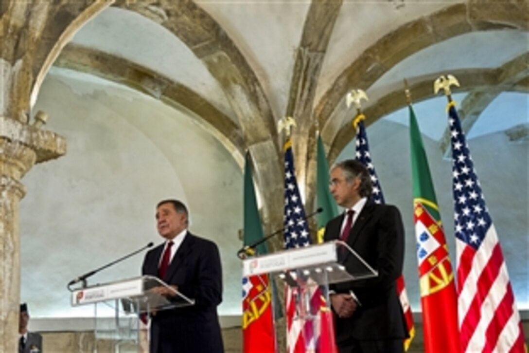 U.S. Defense Minister Leon E. Panetta and Portuguese Defense Minister Jose Pedro Aguiar-Branco offer remarks in Lisbon, Portugal, Jan. 15, 2013. Panetta is on a six-day trip to Europe to visit with defense counterparts and U.S. troops.