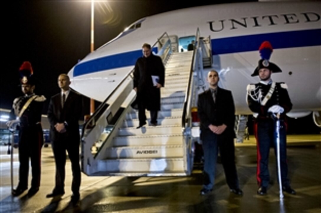 U.S. Defense Secretary Leon E. Panetta arrives in Rome, Jan. 15, 2013. Panetta is on a six-day trip to Europe to visit with defense counterparts and troops.