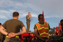 Col. Gary F. Keim, the commanding officer of Combat Logistics Regiment 27, 2nd Marine Logistics Group, talks to the regiment’s Marines and sailors after a physical training session aboard Camp Lejeune, N.C., Jan. 11, 2013. Keim expressed to the Marines the importance of physical fitness and the importance of their jobs to the regiment.