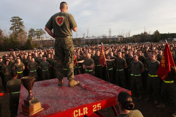 Col. Gary F. Keim, the commanding officer of Combat Logistics Regiment 27, 2nd Marine Logistics Group, talks to the regiment’s Marines and sailors after a physical training session aboard Camp Lejeune, N.C., Jan. 11, 2013. Keim expressed to the Marines the importance of physical fitness and the importance of their jobs to the regiment.