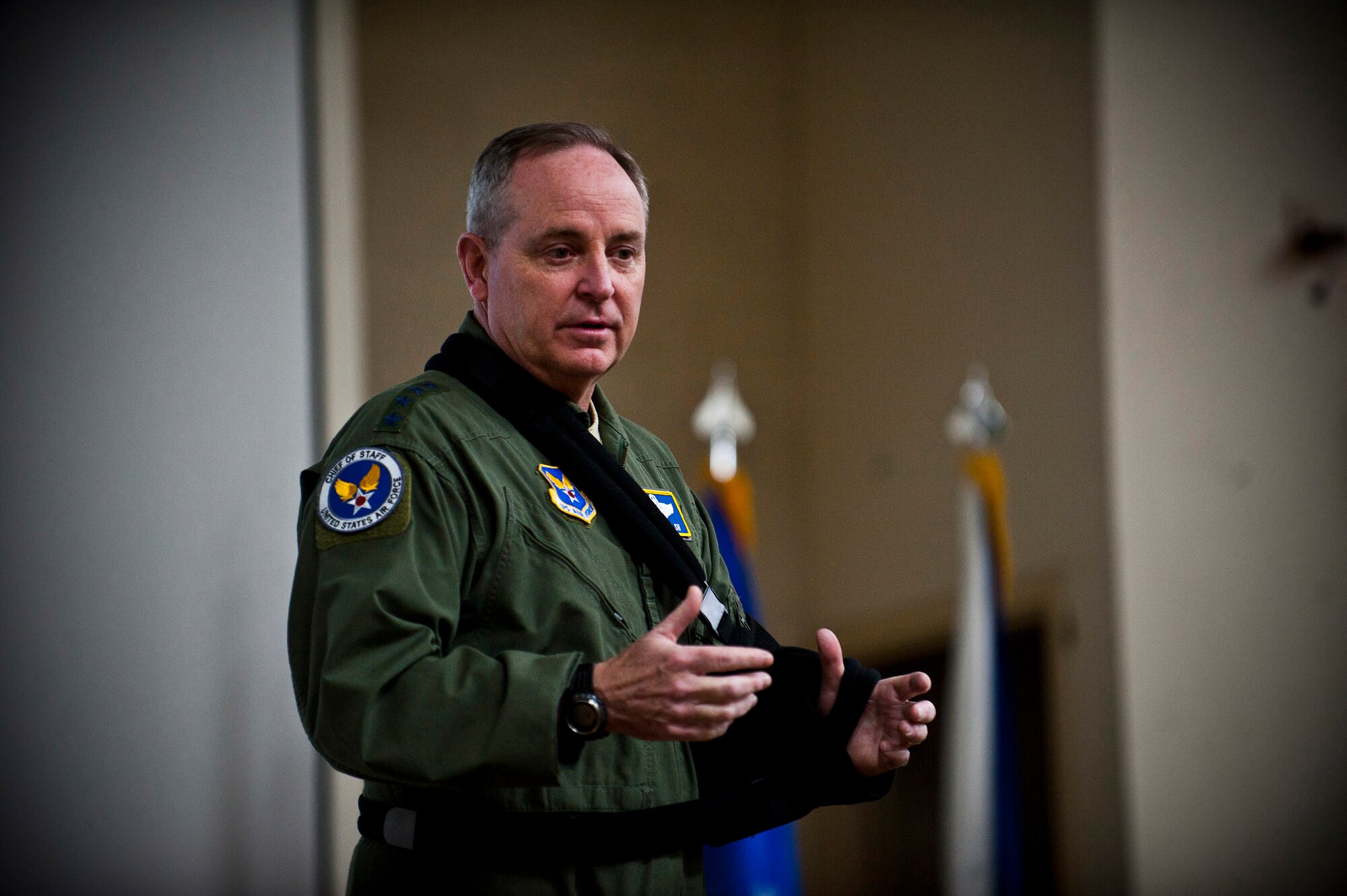 Air Force Chief of Staff Gen. Mark A. Welsh III delivers remarks at the Combat Air Forces Weapons and Tactics Conference at Nellis Air Force Base, Nev., Jan. 15, 2013. WEPTAC is an annual event that brings together hundreds of warfighters to discuss current issues, to look at future issues and to provide solutions for the joint employment of forces. (U.S. Air Force photo/Senior Airman Brett Clashman)