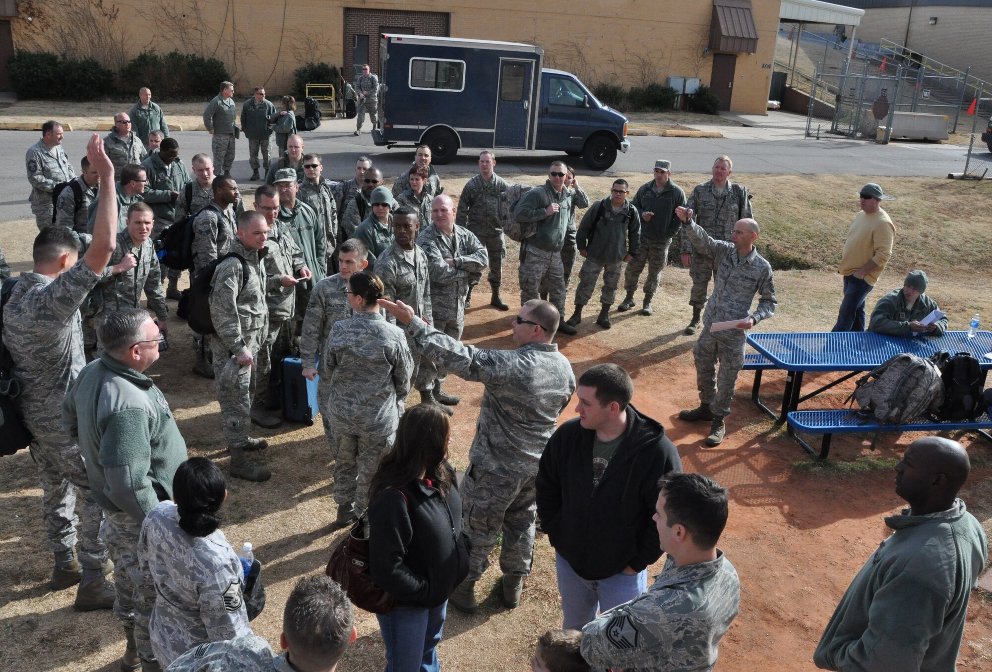 Senior Master Sgt. Jamie Horn, 507th Logistic Readiness Squadron conducts a roll call before deployment processing here Jan. 5. Horn’s deployment team began spin up for this deployment nearly 7 months ago. The 507th LRS team successfully supported the deployment of over 130 reservists to the U.S. Central Command area of responsibility early this month. (U.S. Air Force photo by Senior Airman Mark Hybers)
