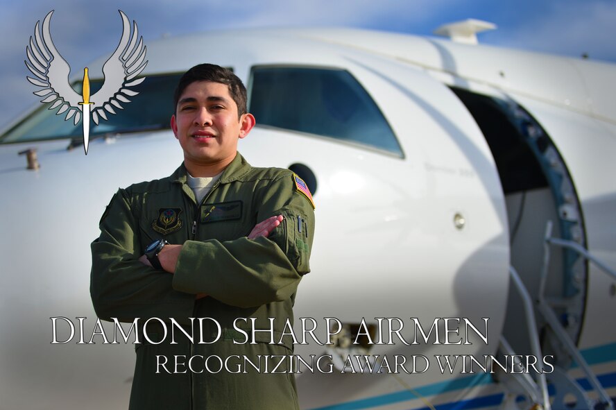 U.S. Air Force Airman 1st Class Martin Hermosillo, 524th Special Operations Squadron loadmaster, poses during a photo shoot at Cannon Air Force Base, N.M., January 9, 2013. Hermosillo was recently recognized as a Diamond Sharp Award winner for January and was highlighted for his hard work and achievements. (U.S. Air Force photo/Airman 1st Class Eboni Reece)