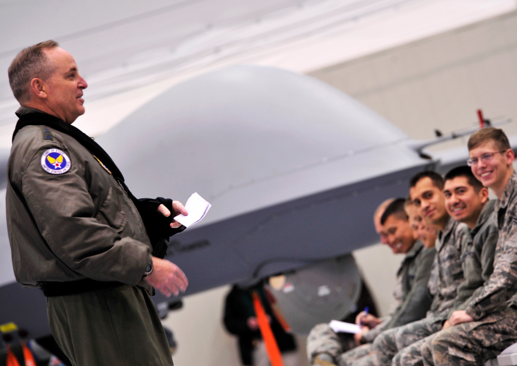 CREECH AIR FORCE BASE, Nev. -- Air Force Chief of Staff Gen. Mark A. Welsh III speaks to Airmen during an all call, Jan. 14, 2013. Welsh commended the Creech Airmen during an all call for their adaptability and ability to overcome obstacles and fulfill their motto: “Hunters save lives.” (432d Wing/432d Air Expeditionary Wing Public Affairs)