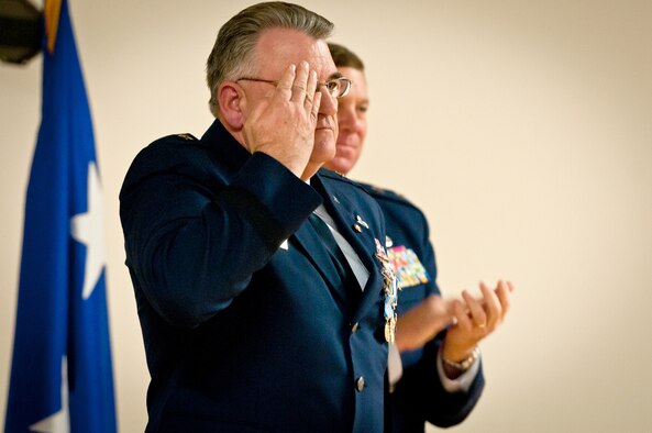 Brig. Gen. Michael Dornbush, the outgoing director of Joint Staff at Joint Forces Headquarters-Kentucky, renders a final salute to his Kentucky Air National Guard family during a retirement ceremony at the Kentucky Air National Guard Base in Louisville, Ky., on Jan. 12, 2013. Dornbush served in the Air Force and Kentucky Air National Guard for more than 40 years. (U.S. Air Force photo by Staff Sgt. Maxwell Rechel)