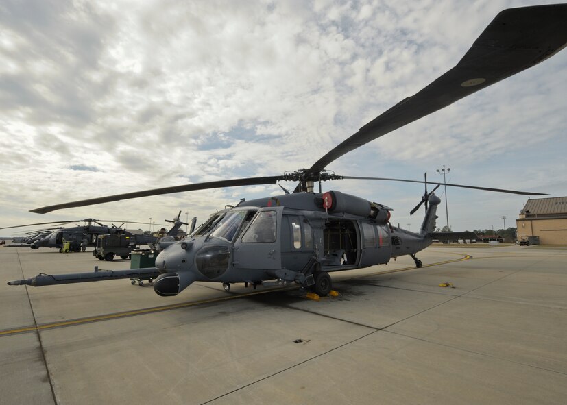 Several HH-60G Pave Hawks are parked on the flightline waiting for repairs or part installations during routine maintenance inspections at Moody Air Force Base, Ga., Jan. 11, 2013. The HH-60 was created to enter hostile environments day or night to recover downed aircrews and injured personnel, supporting other military operations such as disaster relief, international aid and aeromedical evacuations as well.  (U.S. Air Force photo by Senior Airman Eileen Meier/Released)
