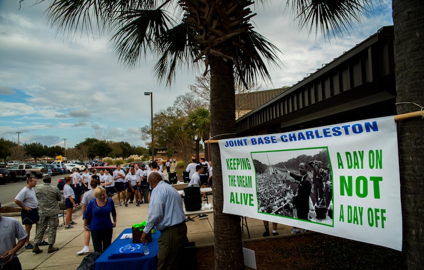 The Martin Luther King Jr. banner hangs  outside of the fitness center during the Martin Luther King Jr. Day 5k Run, Jan. 11, 2013 at Joint Base Charleston – Air Base, S.C. The 5k was a tribute to Martin Luther King Jr., and served as a reminder of his accomplishments and sacrifices. (U.S. Air Force photo/Senior Airman George Goslin) 