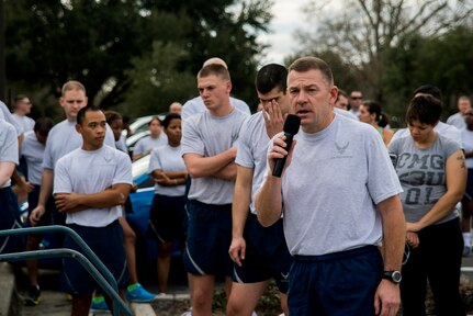 Col. Richard McComb, Joint Base Charleston commander, speaks to the participants of the Martin Luther King Jr. Day 5k Run after the race Jan. 11, 2013, at Joint Base Charleston – Air Base, S.C. The 5k was a tribute to Martin Luther King Jr., and served as a reminder of his accomplishments and sacrifices. (U.S. Air Force photo/Senior Airman George Goslin)