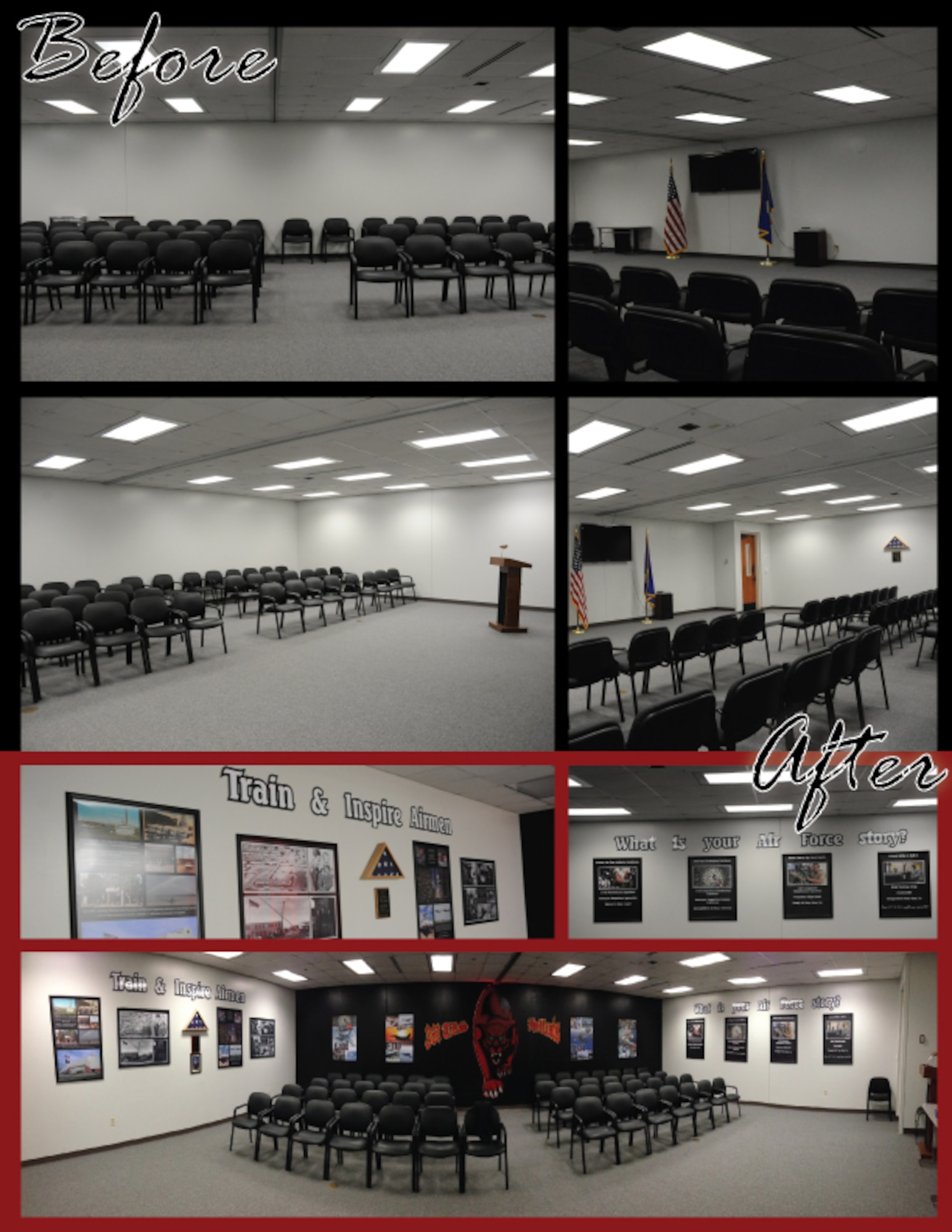 Before and after look at the 361st Training Squadron "pride" room located in the propulsion building. (U.S. Air Force Photo & Graphic/Kimberly Parker)