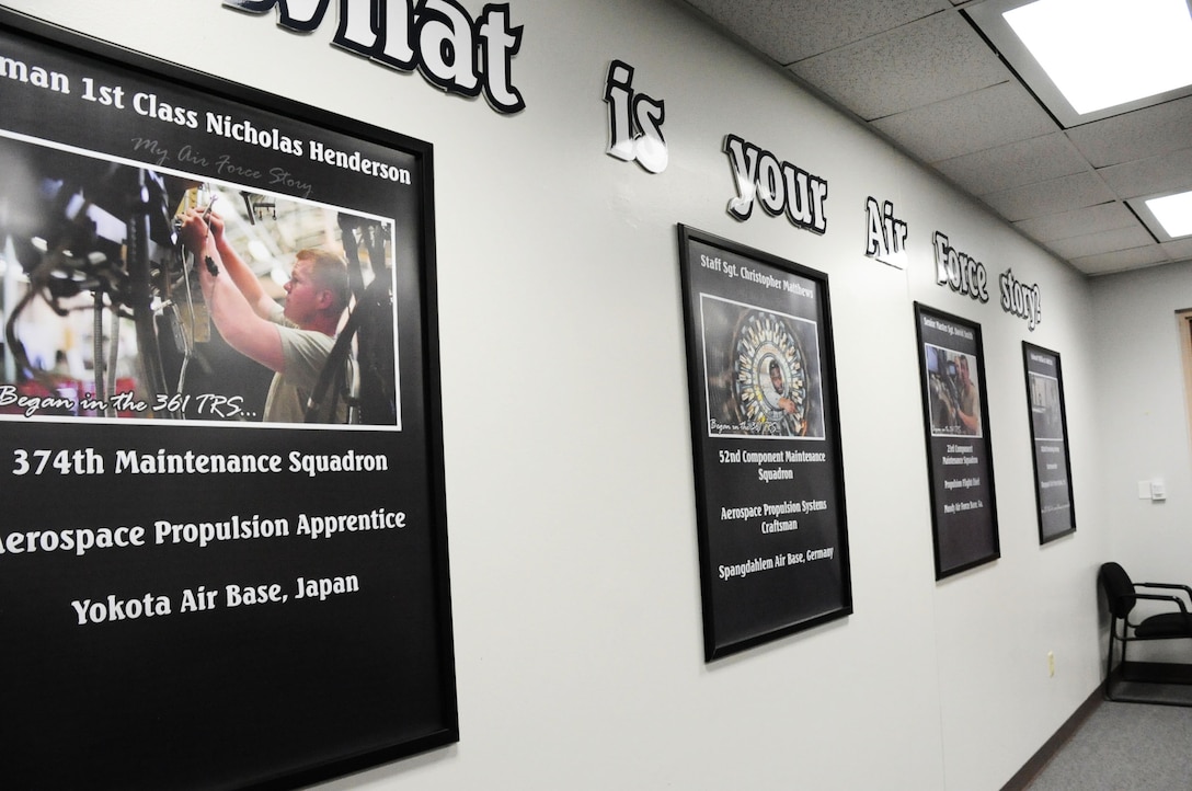 View of the "What is your Air Force story" wall in the redesigned 361st Training Squadron's aerospace propulsion "pride" room.  The aerospace propulsion flight's graduation room was given a facelift by the 82nd Training Wing public affairs team to help build pride and foster the wing's mission to "Train and Inspire Airmen". (U.S. Air Force photo/Dan Hawkins