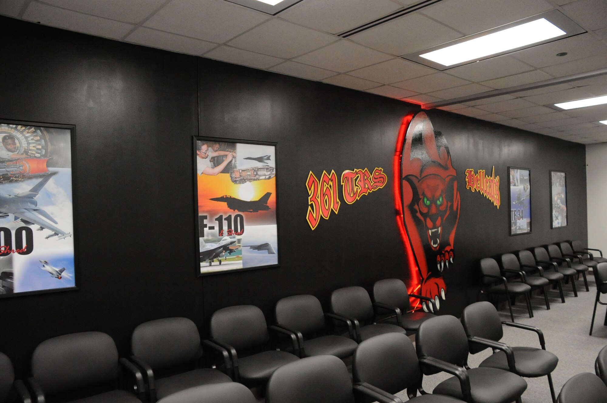 View of the squadron logo and Air Force Speciality Code (AFSC) wall in the redesigned 361st Training Squadron's aerospace propulsion "pride" room.  The aerospace propulsion flight's graduation room was given a facelift by the 82nd Training Wing public affairs team to help build pride and foster the wing's mission to "Train and Inspire Airmen". (U.S. Air Force photo/Dan Hawkins