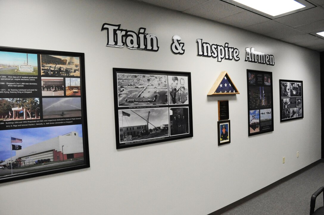 View of the Sheppard Air Force Base history timeline wall in the redesigned 361st Training Squadron's aerospace propulsion "pride" room.  The aerospace propulsion flight's graduation room was given a facelift by the 82nd Training Wing public affairs team to help build pride and foster the wing's mission to "Train and Inspire Airmen". (U.S. Air Force photo/Dan Hawkins
