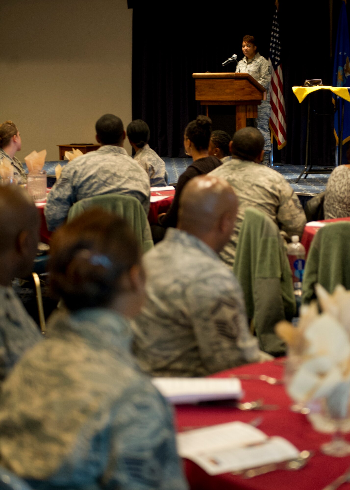 Master Sgt. Dawn Douglas, 49th Civil Engineer Squadron unit training manager, recites her poem “I have a dream” during the Dr. Martin Luther King Jr. Remembrance Day Luncheon at Holloman Air Force Base, N.M., Jan. 15. Holloman AFB personnel came to the luncheon to celebrate and reflect on Dr. King’s life and his contributions to the nation. (U.S. Air Force photo by Senior Airman Kasey Close/Released)