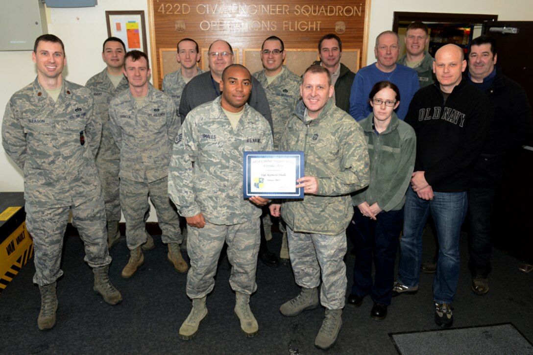 RAF CROUGHTON, United Kingdom – Staff Sgt. Raymond Smalls, 422nd Civil Engineer Squadron, NCOIC of CES Customer Service, was named January’s 501st Combat Support Wing Everyday Hero from the 422nd Air Base Group. Smalls manages the Facility Manager Program for all 240 422nd ABG facilities; he has made significant changes to the program to ensure all facility mangers have the proper knowledge and tools to do this job. Smalls is also the only military member responsible for ensuring customer satisfaction and speedy recovery of base real property at RAF Croughton. (U.S. Air Force photo by Tech. Sgt. Chrissy Best)