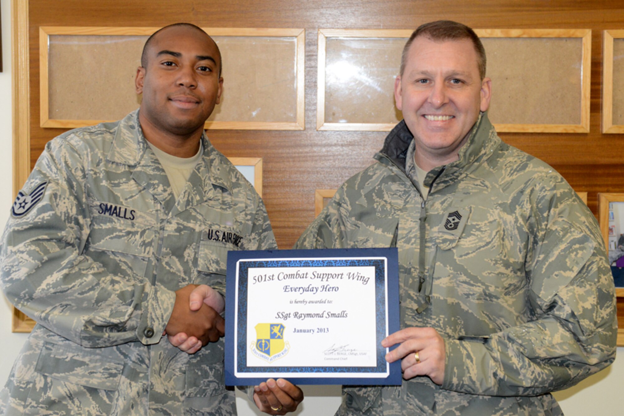RAF CROUGHTON, United Kingdom – Staff Sgt. Raymond Smalls, 422nd Civil Engineer Squadron, NCOIC of CES Customer Service, was named January’s 501st Combat Support Wing Everyday Hero from the 422nd Air Base Group. Smalls manages the Facility Manager Program for all 240 422nd ABG facilities; he has made significant changes to the program to ensure all facility mangers have the proper knowledge and tools to do this job. Smalls is also the only military member responsible for ensuring customer satisfaction and speedy recovery of base real property at RAF Croughton. (U.S. Air Force photo by Tech. Sgt. Chrissy Best)