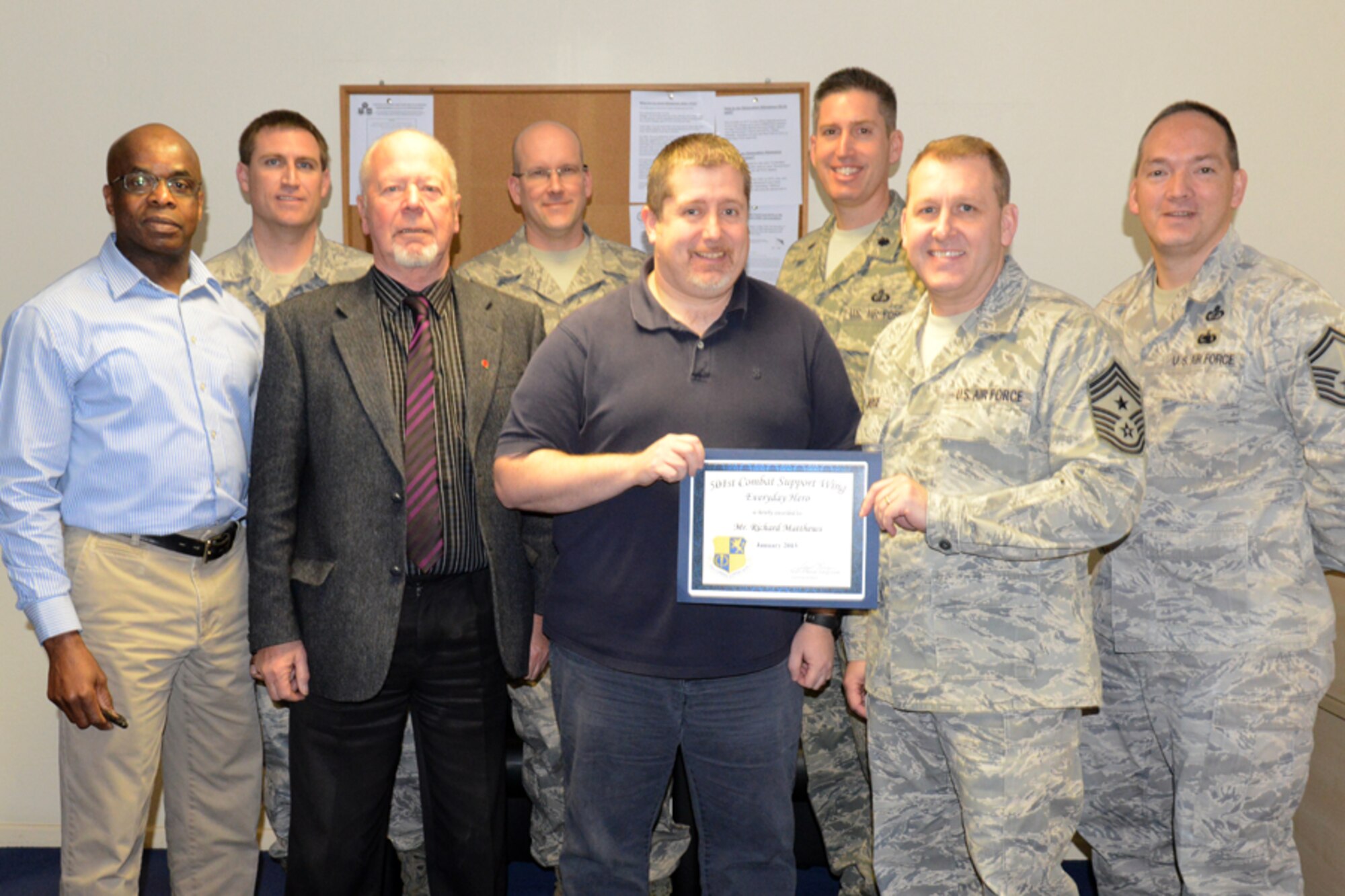 RAF ALCONBURY, United Kingdom – Richard Matthews, 501st Combat Support Wing deputy budget officer of the financial management office, was named as January's 501st CSW Everyday Hero from the 501st CSW Staff. Matthews is responsible for wing funds exceeding $170 million spread across three main operating locations. He ensures the exceptional performance from USAFE’s smallest budget office, no other GS-9 in USAFE maintains his level of financial responsibility. Matthews has maintained the number 1 dormant travel order program in USAFE since last fiscal year which directly contributed to 501st CSW maintaining its status as the number1 Comptroller Office in the command for two consecutive years. (U.S. Air Force photo by Tech. Sgt. Chrissy Best)