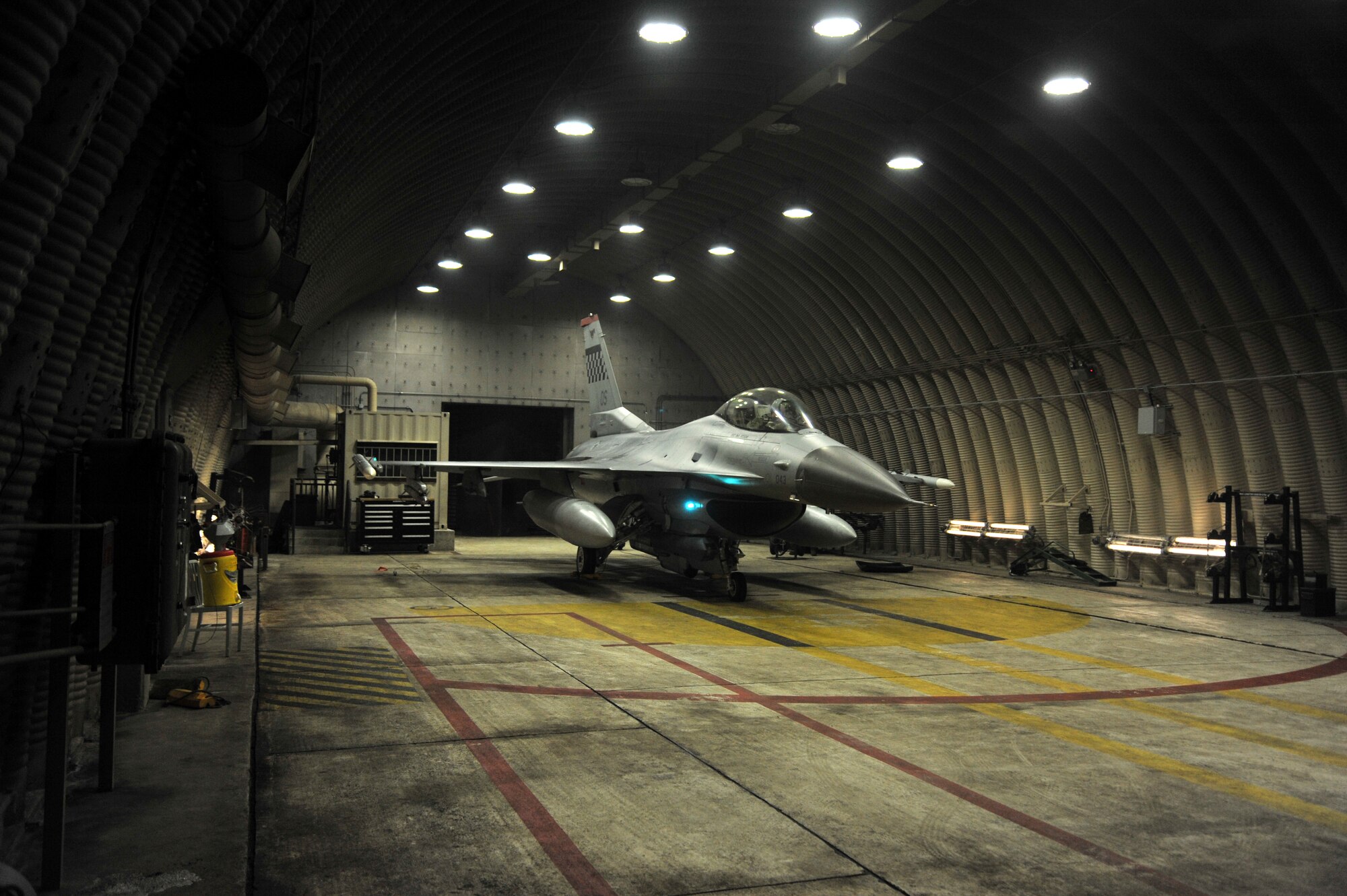 An F-16 awaits preparation for take-off for operational readiness exercise Beverley Midnight 13-01 from Osan Air Base, Republic of Korea, Jan. 15 2013. During OREs, Airmen highlight their ability to position, employ, and sustain forces and showcase operational readiness. BM 13-01 is the first ORE of the new year. (U.S. Air Force photo/Staff Sgt. Emerson Nuñez)