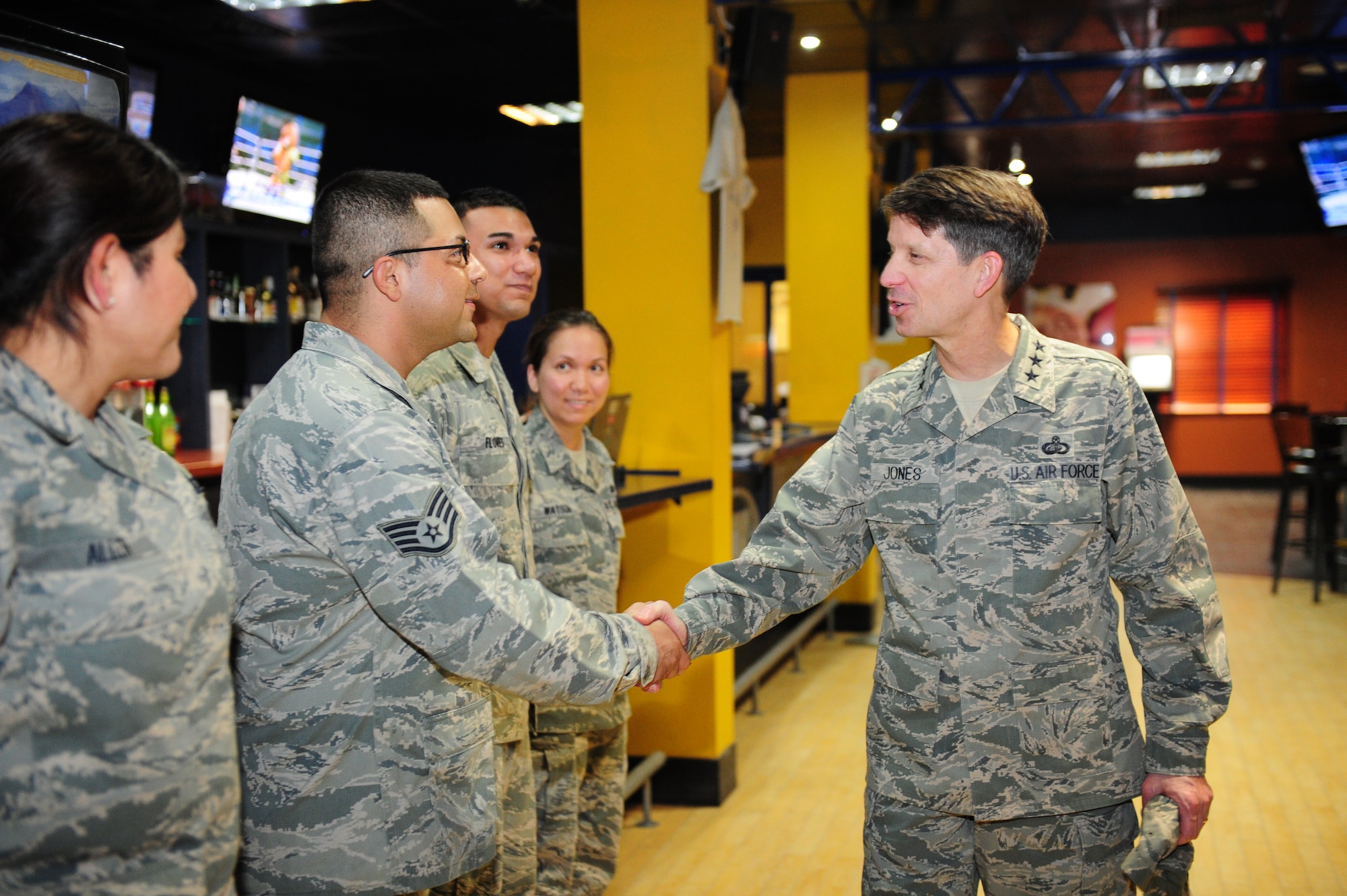 Lt. Gen. Darrell Jones, U.S. Air Force director of manpower, personnel and services, meets with troops in Southwest Asia Jan 10. While visiting, he spoke on topics relevant to Airman life in the area of responsibility, services at home station and upcoming force changes. (U.S. Air Force photo/Master Sgt. Brendan Kavanaugh)