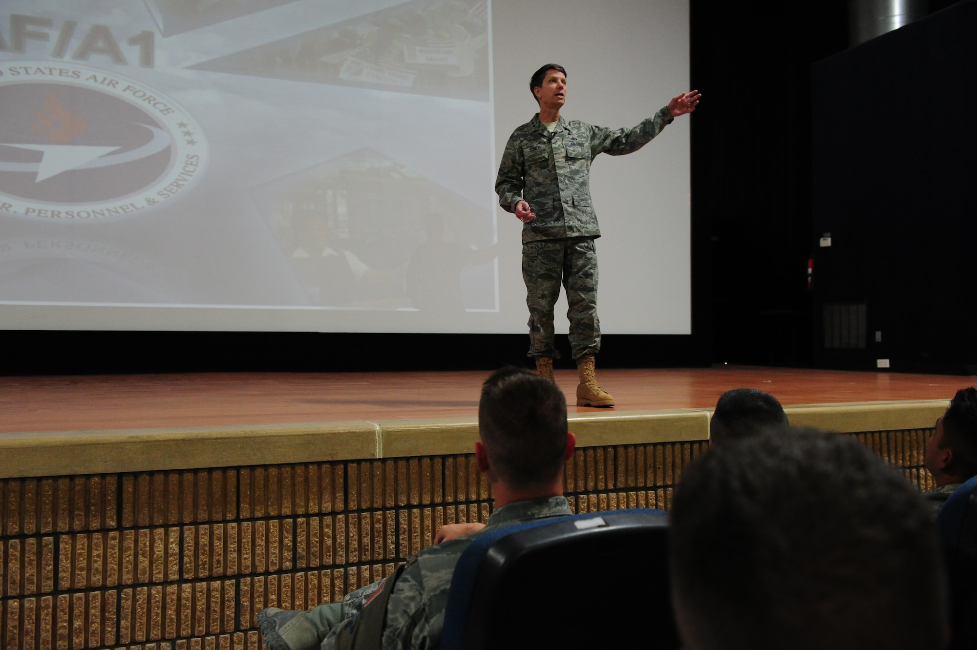 Lt. Gen. Darrell Jones, U.S. Air Force director of manpower, personnel and services, spoke to troops in Southwest Asia Jan 10 on topics relevant to Airman life in the area of responsibility, services at home station and upcoming force changes. He also met with Airmen where they worked while deployed in support of global contingency operations. (U.S. Air Force photo/Master Sgt. Brendan Kavanaugh)