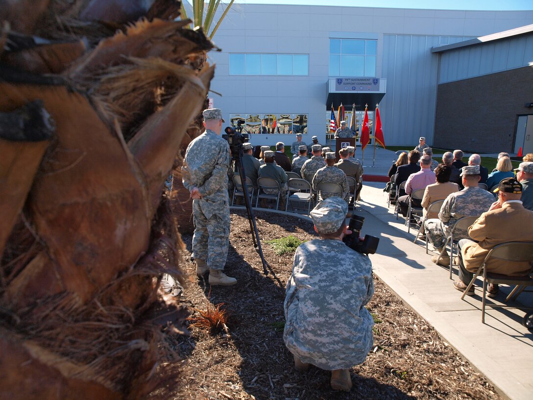 Maj. Gen. William D. Frink, Jr., 79th Sustainment Support Command commander addresses fellow Soldiers, community members and civic leaders at the opening of the Army Reserve Center at Joint Forces Training Base, Los Alamitos, Calif., Jan. 12. The facility is certified LEED Gold under guidelines established by the U.S. Green Building Council who rates a project for its design and achievement in categories like sustainability, water efficiency, energy conservation and design innovation.
