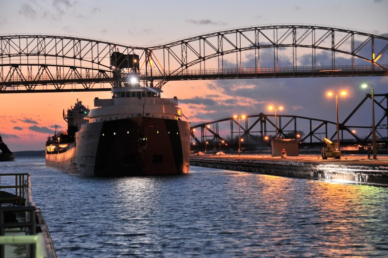 Perfectly scripted with the setting of the sun, the Cason J. Callaway closes out the 2012 shipping season at the Soo Locks in Sault Ste. Marie, Mich.