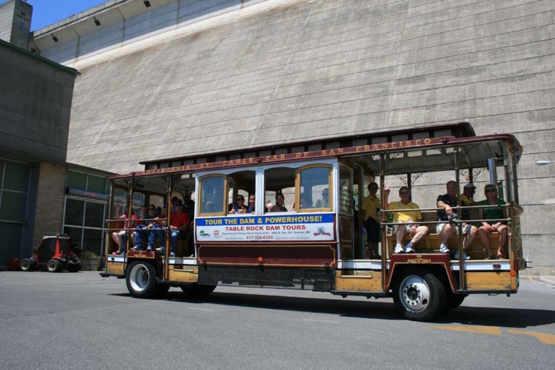 A trolley car carries Table Rock Lake visitors to the dam for guided tours. In 2012 the Ozark Rivers Heritage Foundation guided roughly 7,700 tourists through Table Rock Dam and Powerhouse.