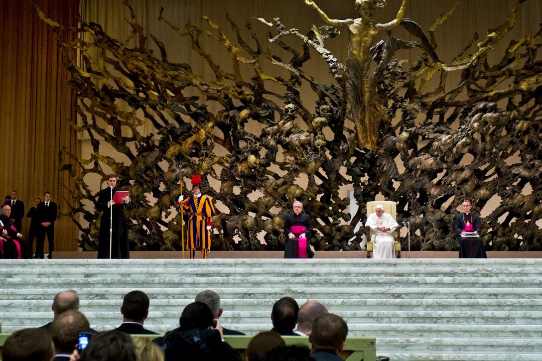 U.S. Defense Secretary Leon E. Panetta, not shown, attends an audience with Pope Benedict XVI, second from right, in Vatican City, Jan. 16, 2013.  