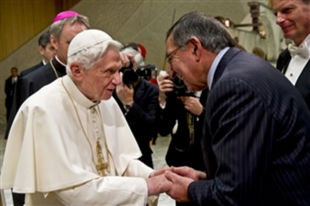 U.S. Defense Secretary Leon E. Panetta spoke briefly with Pope Benedict XVI during his weekly general audience at the Vatican in Vatican City, Jan. 16, 2013. The pontiff thanked Panetta for helping to protect the world. Panetta is on a six-day trip to Europe to visit defense counterparts and troops.