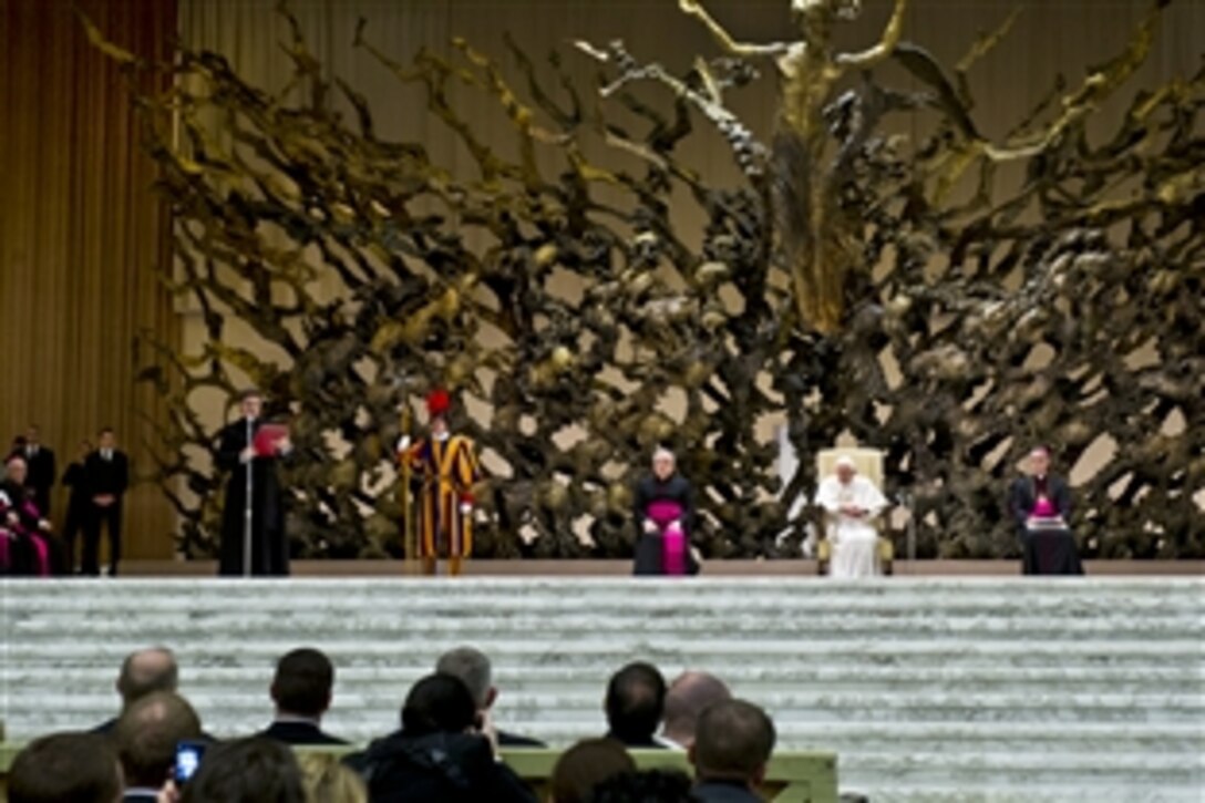 U.S. Defense Secretary Leon E. Panetta attends an audience with Pope Benedict XVI at the Vatican in Vatican City, Jan. 16, 2013. Panetta is on a six-day trip to Europe to visit with defense counterparts and troops.