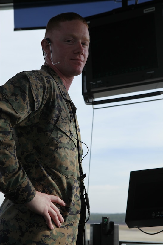 Aircraft flight patterns over the air station form an intricate web. Sgt. Chas Martinetz helps weave that web and keep the aircraft safe. 
As a Headquarters and Headquarters Squadron air traffic controller, his primary mission is to help maintain aircraft separation in Cherry Point controlled airspace. At Cherry Point, that mission is executed from high in the control tower and down in the radar room. 
Martinetz said the tower and the radar room play two major roles in his job field. The tower allows for a 5-mile line of sight while the radar  can track aircraft more than 60 miles away. 
“The services we provide are vital to the (Marine Air-Ground Task Force’s) mission,” said Martinetz. “We provide all-weather services inside or outside of combat for aircraft support or defense.”
Martinetz worked as an aviation communication technician with Marine Tactical Air Control Squadron 28 under Marine Air Control Group 28 during his first enlistment but changed jobs after he reenlisted.
“The opportunities for this job both in and out of the Marine Corps were worth the switch,” he said. “It was a good career move.”
