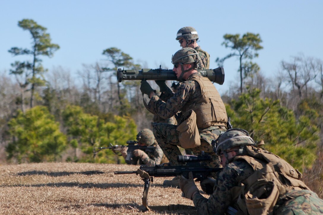 Marines with Alpha Company, 1st Battalion, 8th Marine Regiment, 2nd Marine Division, fire 9mm tracer rounds from the AT–4 rocket launcher during a live-fire training exercise. The exercise was part of an infantry training course designed to refresh Marines on infantry basics.