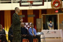 Lt. Col. Craig C. Clemans, the commanding officer of 2nd Maintenance Battalion, Combat Logistics Regiment 25, 2nd Marine Logistics Group opens the unit’s town hall meeting at the Goettge Memorial Field House aboard Camp Lejeune, N.C., Jan. 14, 2013. Clemans discussed what it means for servicemembers to always be ready for anything and the types of activities the unit has scheduled for 2013.