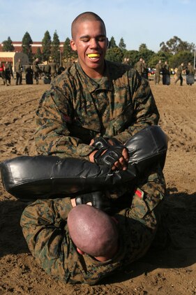 Recruits of Company C practice Marine Corps Martial Arts Program Techniques during the Combat Conditionaing Exercise, Jan.9.