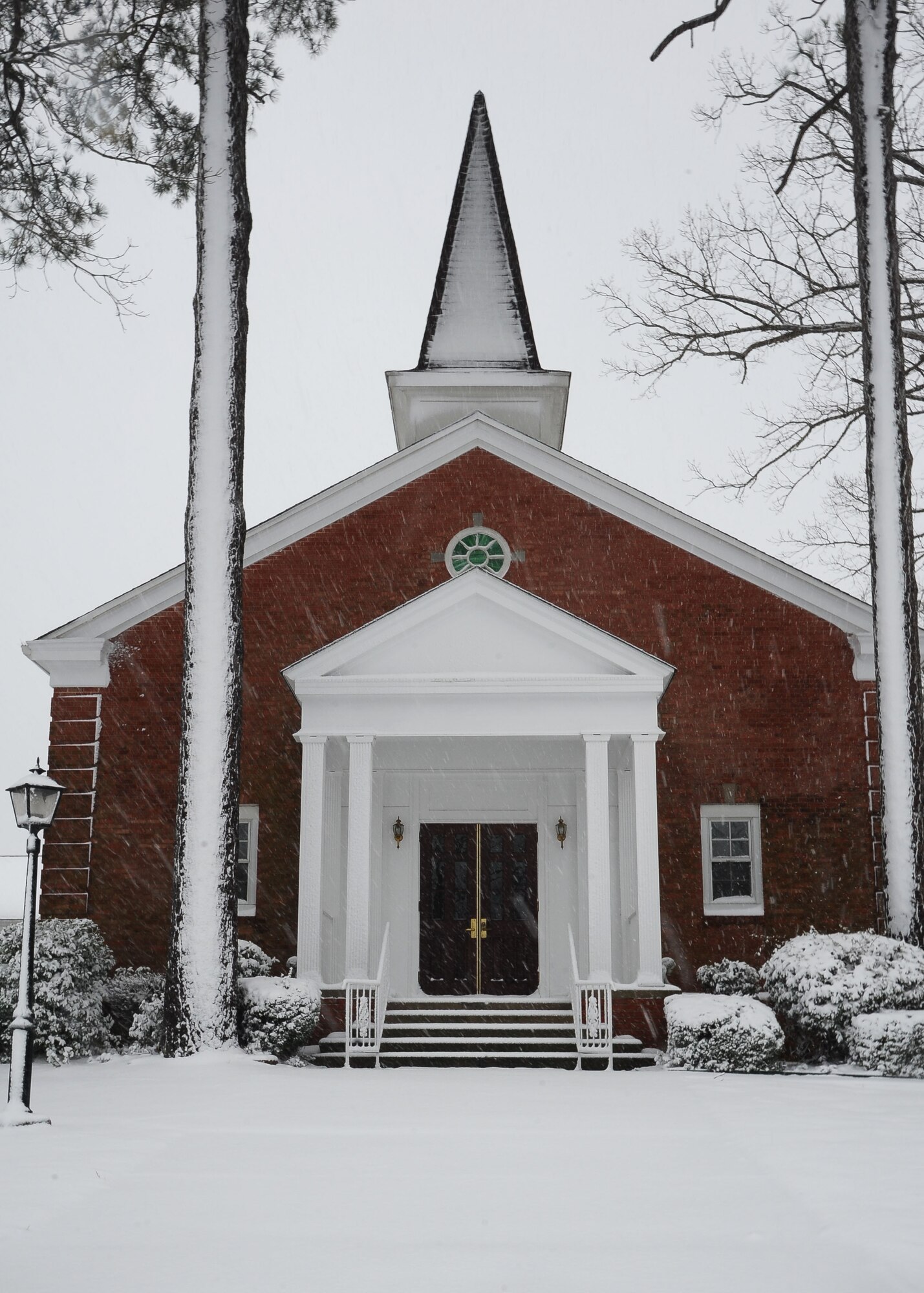 Snow falls on the Columbus Air Force Base Chapel Jan. 17. Columbus Air Force Base recieved two inches of snow Thursday morning according to measurements by the 14th Operations Support Squadron Weather Flight