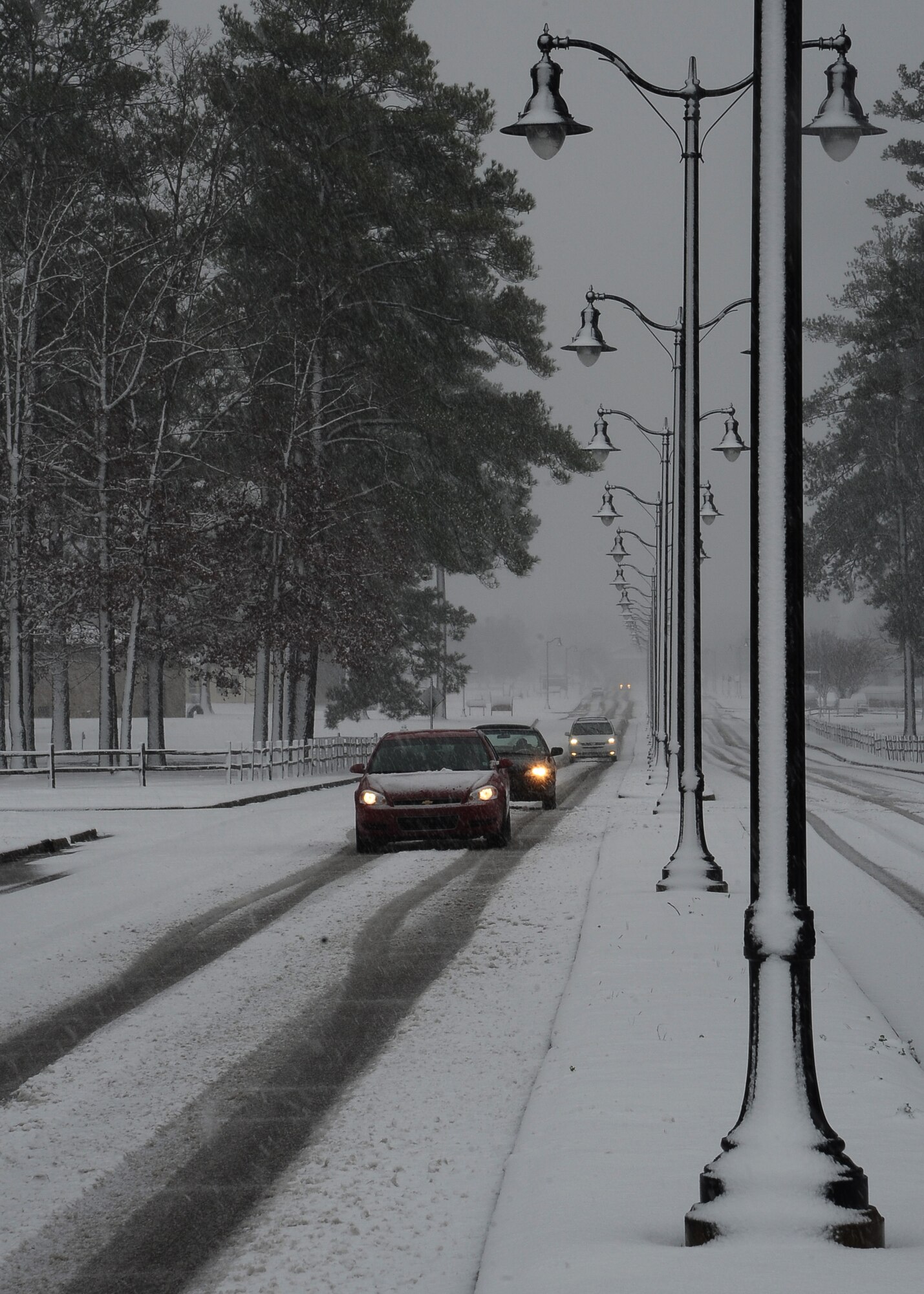 Columbus Air Force Base mission essential personnel drive to work Jan. 17. Work reporting was delayed Thursday morning due to hazardous road conditions.