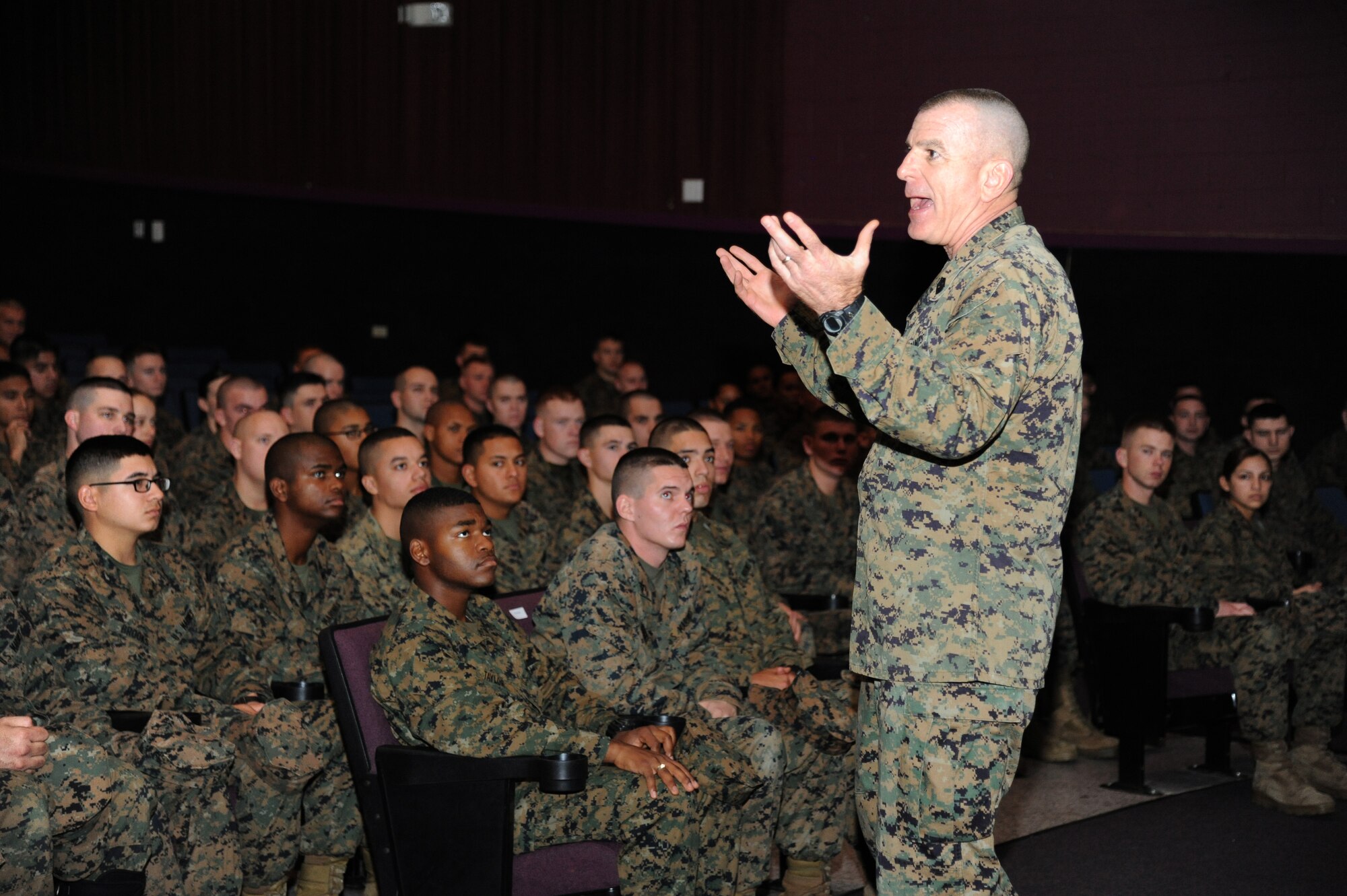Marine Sgt. Maj. Bryan Battaglia, Senior Enlisted Advisor to the Chairman of the Joint Chiefs of Staff, speaks to members of the Keesler Marine Corps Detachment Jan. 16, 2013, at the Welch Theater, Keesler Air Force Base, Miss.  Battaglia’s one-day visit allowed him the opportunity to acquaint himself with Keesler’s people, mission and contribution to the bigger military picture.  He also talked to enlisted Keesler members about the CJCS’ four priorities, his own key themes and his thoughts on bridging the basics and total force fitness.  (U.S. Air Force photo by Kemberly Groue)