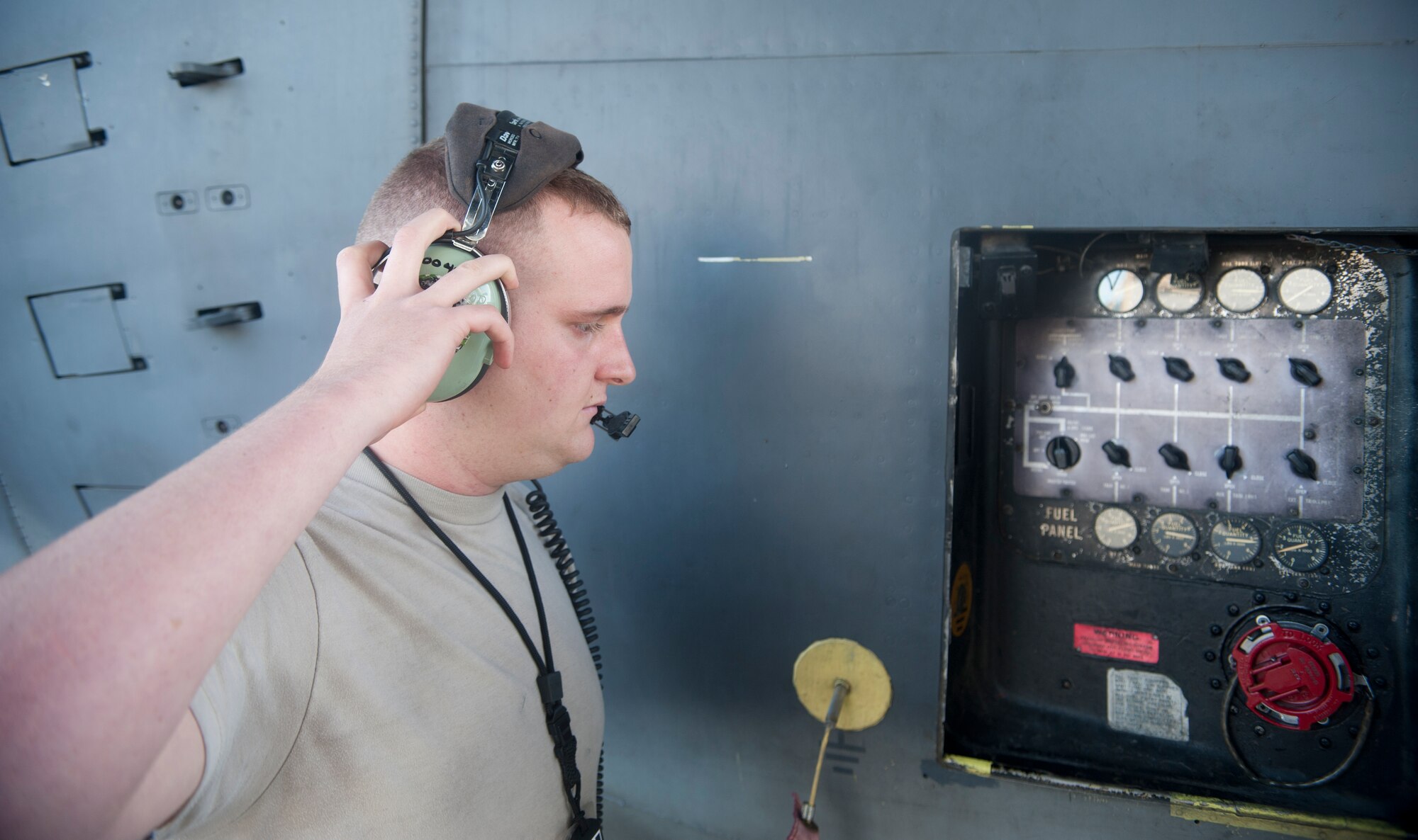 U.S. Air Force Airman 1st Class Phillip Daniel, 23d Component Maintenance Squadon fuel system apprentice, checks gauges during fuel training detachment school at Moody Air Force Base, Ga., Jan. 16, 2013. During the course, Airmen learned how to refuel, dump fuel feed engines and transfer fuel on a HC-130P Combat King fuel system. (U.S. Air Force photo by Airman Paul Francis/Released)
