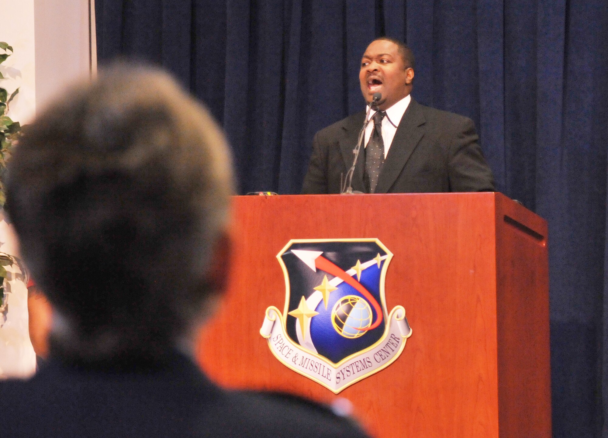 Anthony Heard reenacts one of Dr. Martin Luther King's famous speeches during SMC’s MLK observance, Jan.16.  The theme for this year’s observance was "Teamwork Makes the Dream Work.” (Photo by Sarah Corrice)