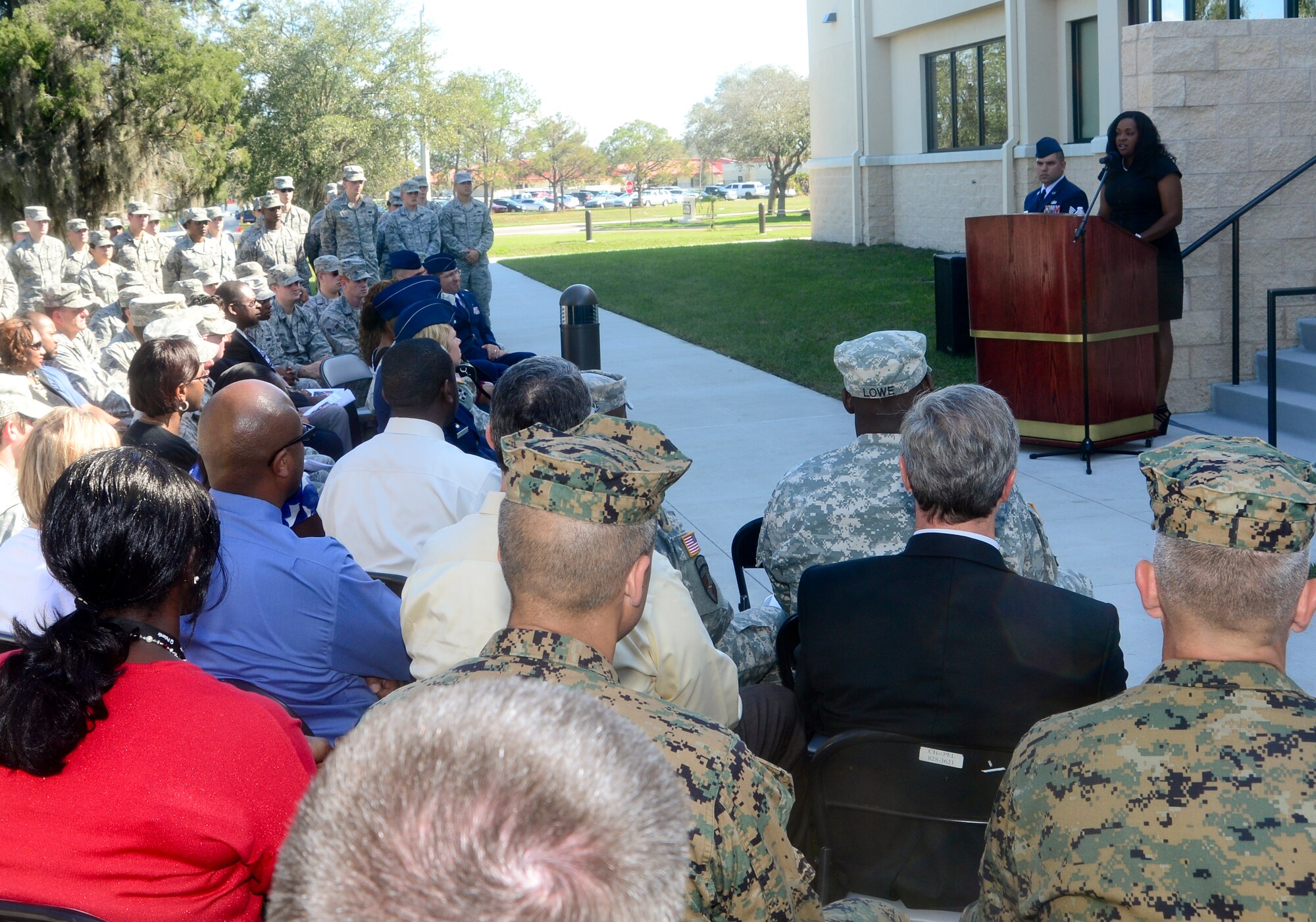 Maj. N’Keiba Estelle, United States Central Command deputy chief of acquisition management branch, gives remarks at the 6th Communication Squadron new Consolidated Communication Facility dedication ceremony at MacDill Air Force Base Fla., Jan. 16, 2013. Estelle is the widow of Maj. Raymond Estelle II who was killed in action April 27, 2011. (U.S. Air Force photo by Senior Airman Melissa Paradise/Released)