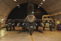 Members of the 35th Aircraft Maintenance Unit guide an F-16 Fighting Falcon into a hangar during exercise Beverly Midnight 13-1 at Kunsan Air Base, Republic of Korea, Jan. 17, 2013. The aircraft needed to be decontaminated following a simulated attack and 35th AMU members were being assessed on the ability to accomplish the goal quickly and effectively. (U.S. Air Force photo by Staff Sgt. Jonathan Fowler/Released)