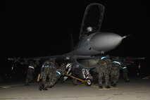 Members of the 35th Aircraft Maintenance Unit turn an F-16 Fighting Falcon that has been contaminated by a simulated chemical attack at Kunsan Air Base, Republic of Korea, Jan. 17, 2013. The contaminated aircraft needed to be cordoned off, and the pilot and plane decontaminated. (U.S. Air Force photo by Staff Sgt. Jonathan Fowler/Released)