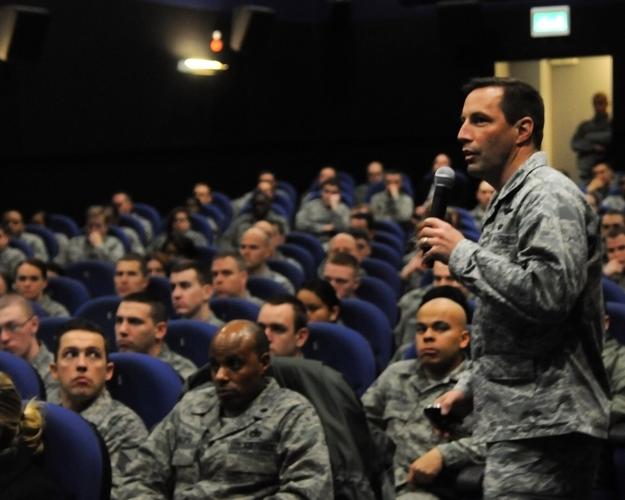 Col. Christopher Kulas, 100th Air Refueling Wing commander, briefs Airmen during the first commander’s call of the New Year Jan. 17, 2013, at RAF Mildenhall, England. Kulas briefed Airmen on his vision for the base and paid tribute to Chief Master Sgt. Christopher Powell, the wing command chief, who is retiring in February. (U.S. Air Force photo by Airman 1st Class Kelsey A.L. Waters/Released)