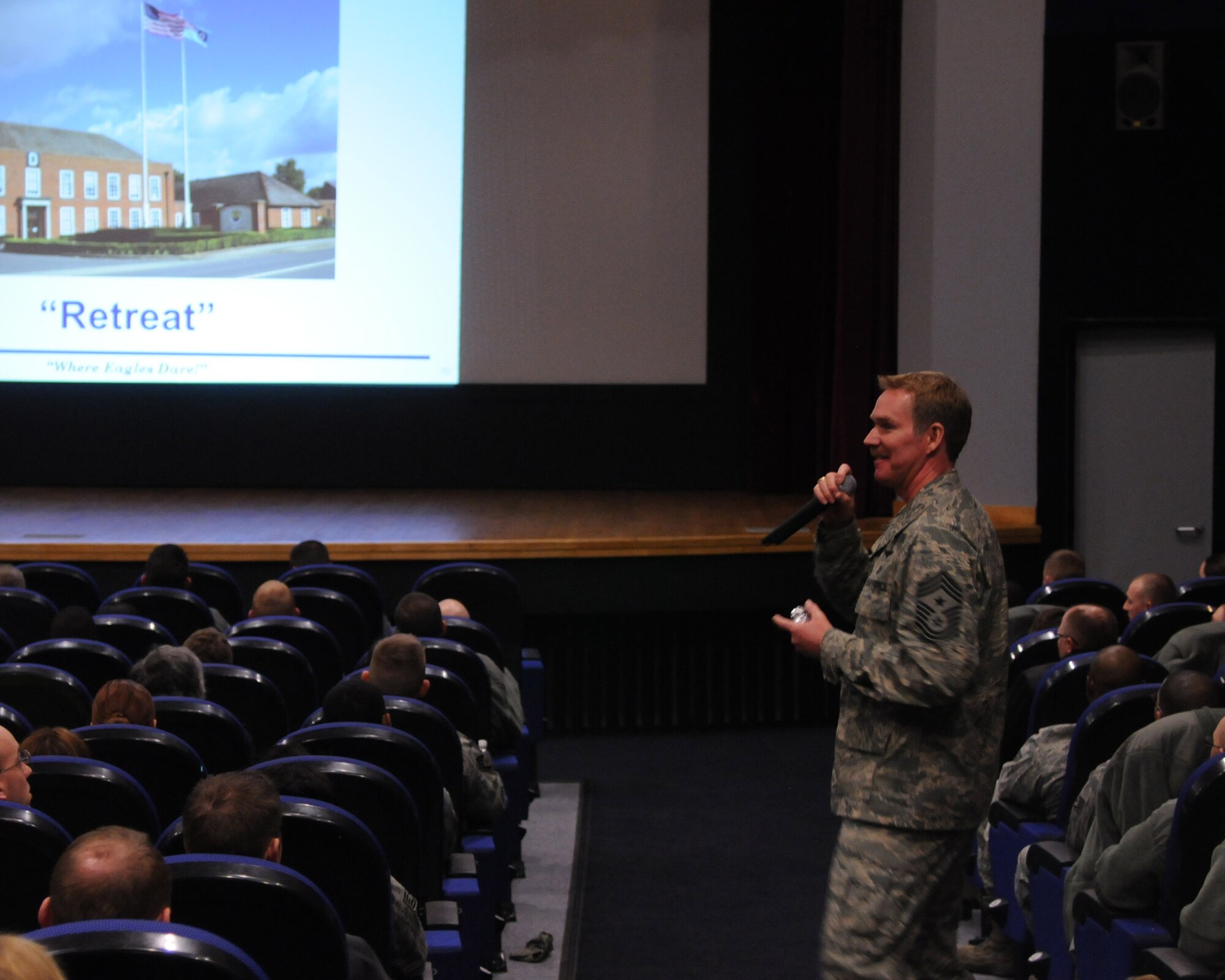 Chief Master Sgt. Christopher Powell, 100th Air Refueling Wing command chief, speaks during his last commander’s call Jan. 17, 2013, at RAF Mildenhall, England. During the commander’s call Powell spoke about current news affecting Airmen on RAF Mildenhall. (U.S. Air Force photo by Airman 1st Class Kelsey A.L. Waters/Released)
