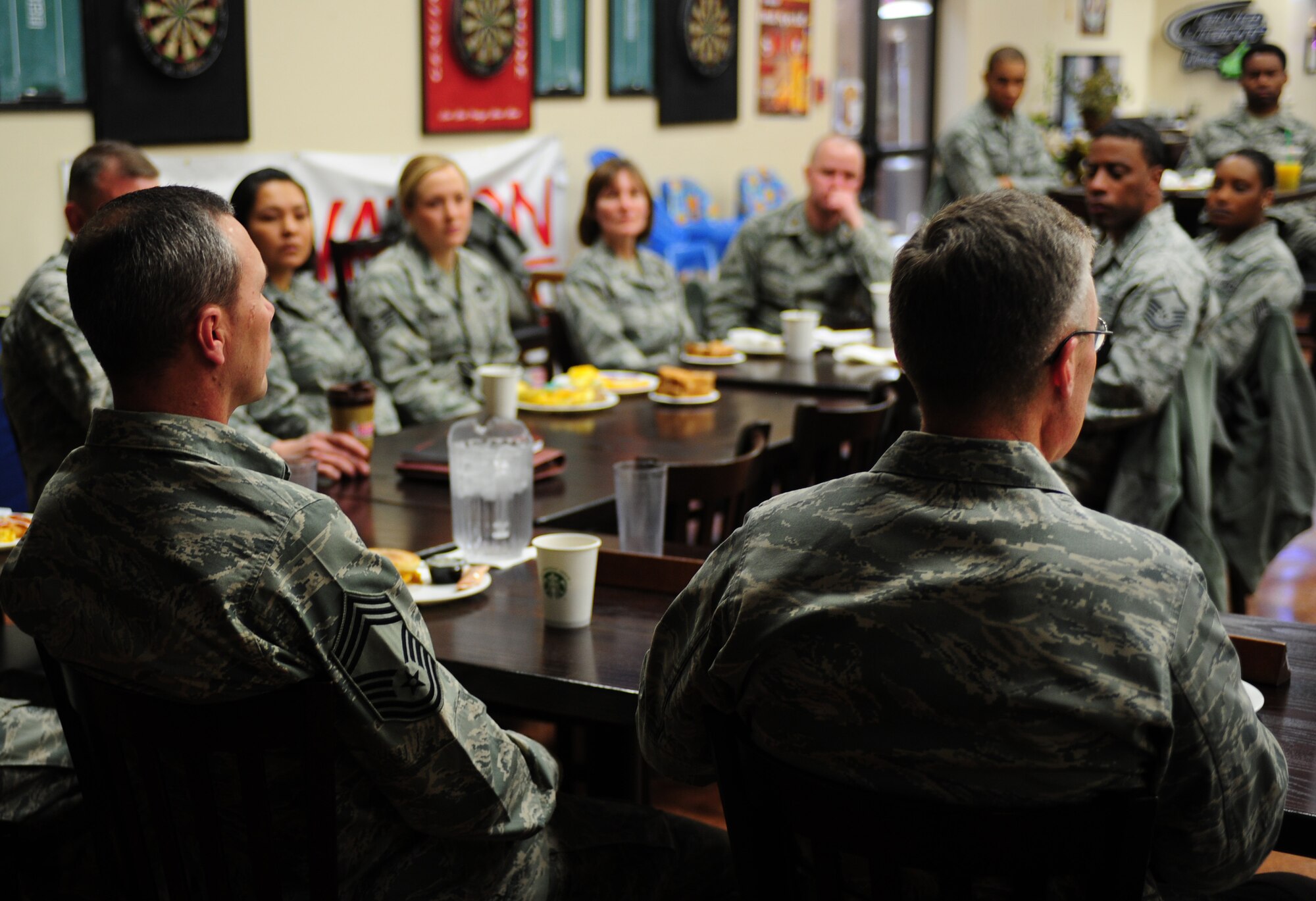 U.S. Air Force Maj. Gen. Steven J. Lepper, Headquarters U.S. Air Force Deputy Judge Advocate General, gazes out at the assembled commanders and first sergeants during a breakfast meeting at Cannon Air Force Base, N.M., Jan. 16, 2013. Lepper visited Cannon to perform a follow-up inspection after the Consolidated Unit Inspection held July 2012. (U.S. Air Force photo/Airman 1st Class Ericka Engblom)