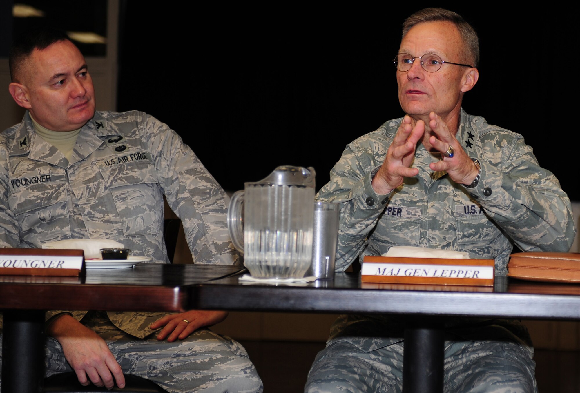 U.S. Air Force Maj. Gen. Steven J. Lepper, Headquarters U.S. Air Force Deputy Judge Advocate General, speaks about changes happening in the Air Force during a breakfast meeting with commanders and first sergeants at Cannon Air Force Base, N.M., Jan. 16, 2013. Lepper visited Cannon to perform a follow-up inspection after the Consolidated Unit Inspection held July 2012. (U.S. Air Force photo/Airman 1st Class Ericka Engblom)