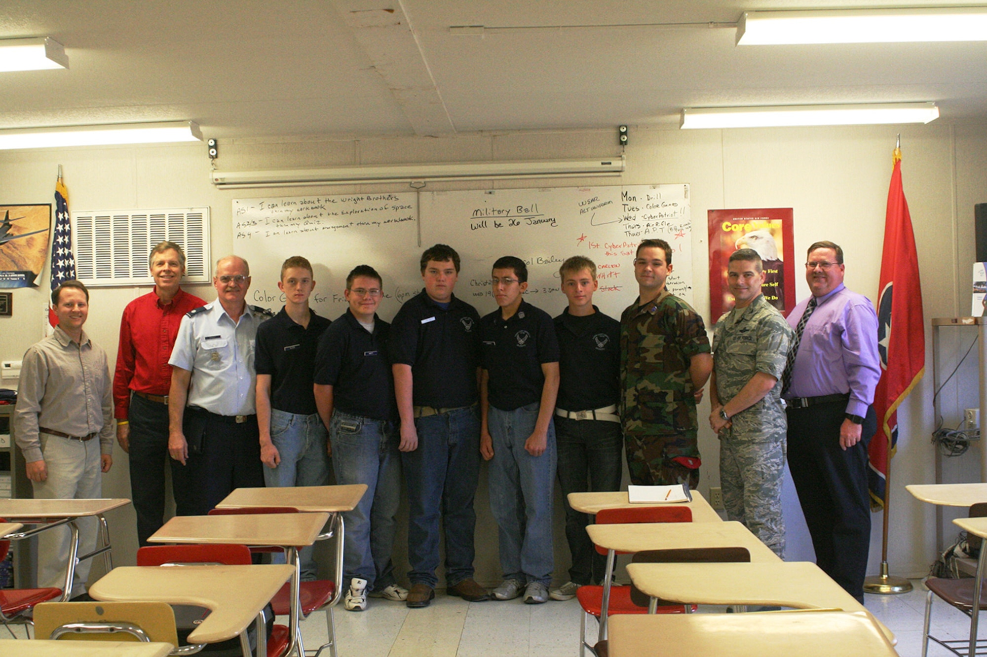 From left, Cameron Liner, an Air Force data acquisition and instrumentation engineer with AEDC’s Test and Base Communications Branch and CyberPatriot mentor, Jere Matty, AEDC STEM educational outreach specialist, Lt. Col. Philip Bailey, AFJROTC SASI CyberPatriot coach, and AFROTC cadets Matt Slack, Clayton Whitt, Dawson Carlton, Robert Damron, Sam West and James Moore, AEDC Commander Col. Raymond Toth and Michael Glennon, AEDC’s technical director of engineering and technical management and CyberPatriot mentor gathered recently to recognize middle Tennessee’s first CyberPatriot high school team. CyberPatriot V was established by the Air Force Association. The Northrop Grumman Foundation is the sponsor for the 5th phase of the program, CyberPatriot V. The organizations founding partners are the Science Applications International Corporation (SAIC) and the Center for Infrastructure Assurance & Security (CIAS) at the University of Texas-San Antonio. (Photo provided)