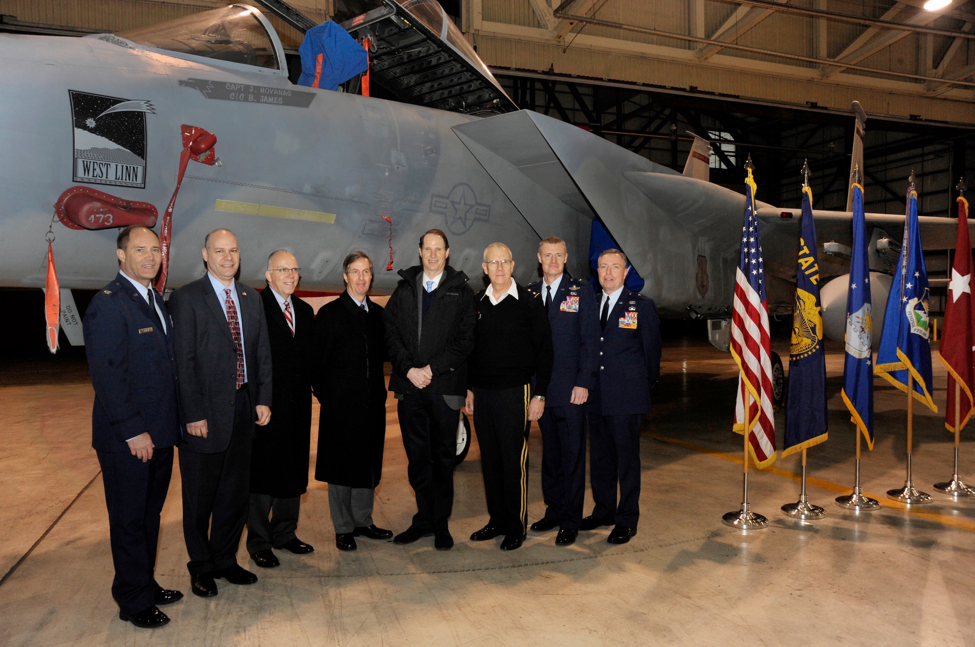 Leadership from the Oregon National Guard and Port of Portland pose in front of an Oregon Air National Guard F-15 Eagle following the ceremony to announce the 50-year lease agreement, held at the Portland Air National Guard Base in Portland, Ore., Jan. 16.  The agreement allows the Oregon Air National Guard's 142nd Fighter Wing to continue operations at the Portland International Airport. (Photo by Tech. Sgt. John Hughel, 142nd Fighter Wing Public Affairs/Released)


