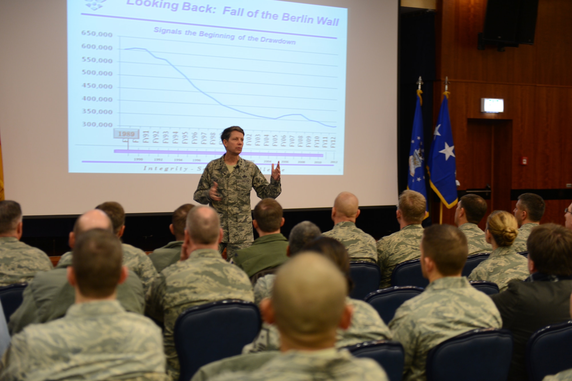 SPANGDAHLEM AIR BASE, Germany – Lt. Gen. D. Darrell Jones, U.S. Air Force Deputy Chief of Staff for Manpower, Personnel and Services, speaks to 52nd Fighter Wing Airmen during a visit Spangdahlem Jan. 11, 2013. Jones spoke about many topics ranging from promotions to the future manning of the Air Force. (U.S. Air Force photo by Airman 1st Class Gustavo Castillo/Released)