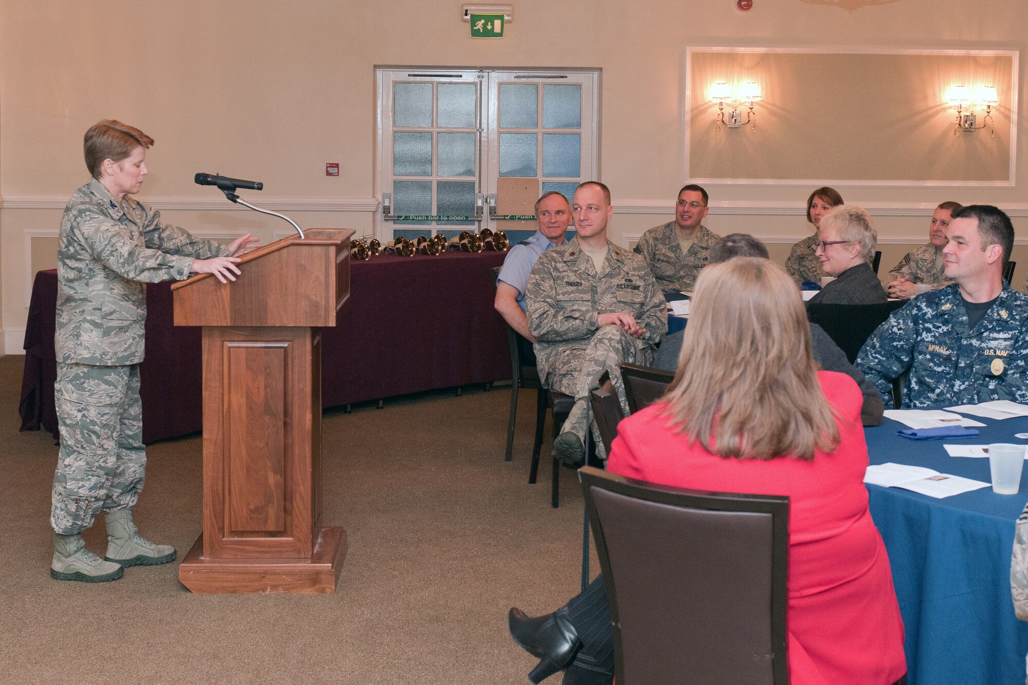 RAF ALCONBURY, United Kingdom - Chap. (Col.) Cherri Wheeler, U.S. Air Forces in Europe command chaplain, speaks during the National Prayer Breakfast at RAF Alconbury Jan. 10. Wheeler was the guest speaker at multiple National Prayer Breakfasts across the 501st Combat Support Wing where she led everyone on an “investigation, using the characters of NCIS to discover the who, what, where, when, why and how of prayer.” (U.S. Air Force photo by Staff Sgt. Brian Stives)